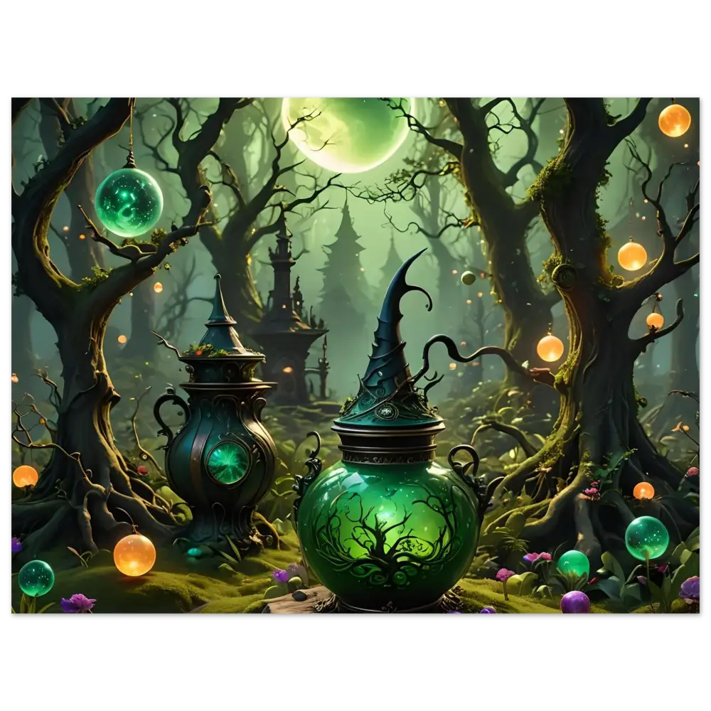 Enchanted green potion jar with witch hat lid on Witchcraft Forest Fine Art Poster