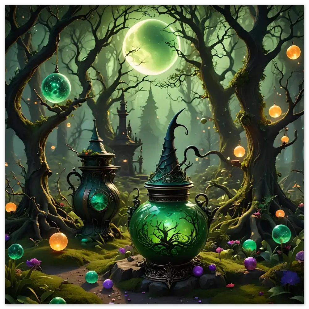 Glowing green witch’s brew pot in Luminescent Fantasy Art Wall Print for Witchcraft Forest
