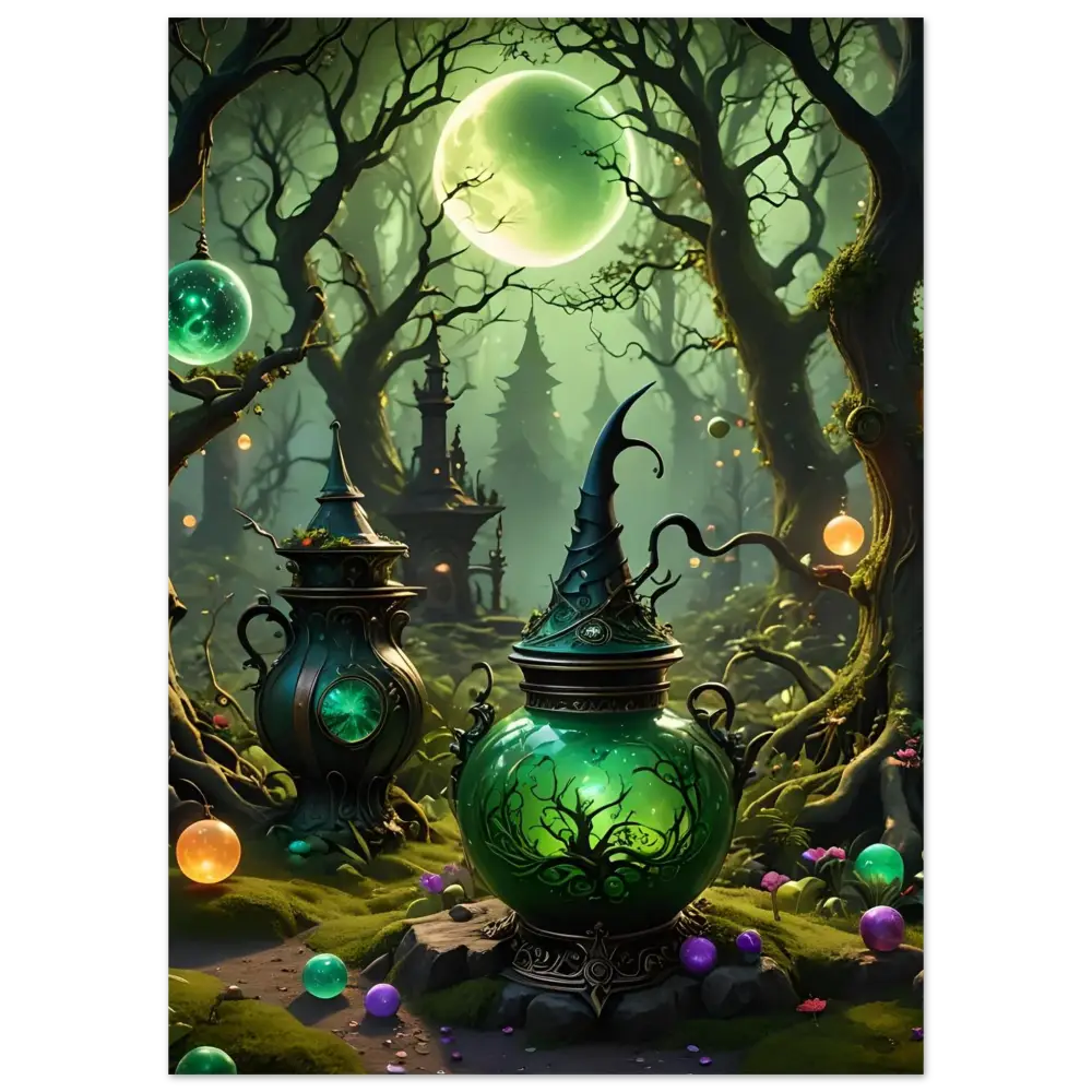 Glowing green witch’s potion pot in Luminescent Fantasy Art Wall Print