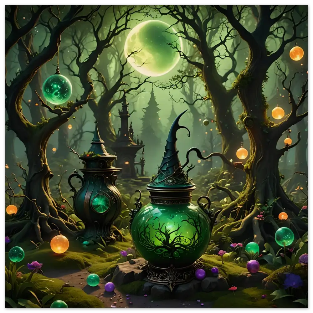 Glowing green witchs cauldron rustic magical wall art Wood Print for Witchcraft Forest decor