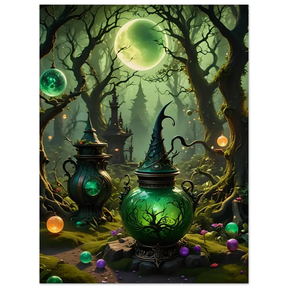 Green witch’s potion jar in Rustic Magical Wall Art Witchcraft Forest Wood Print