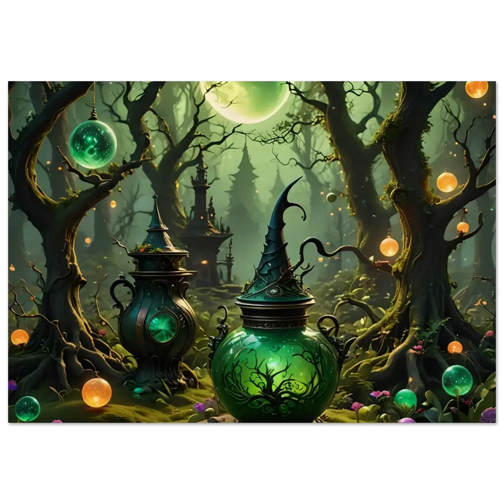 Green witch’s potion jar with pointed hat lid in rustic Witchcraft Forest Wood Print art
