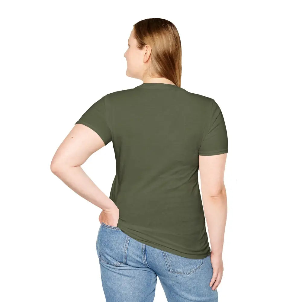 Olive green unisex softstyle t-shirt with wilderness design, tumble dry care instructions