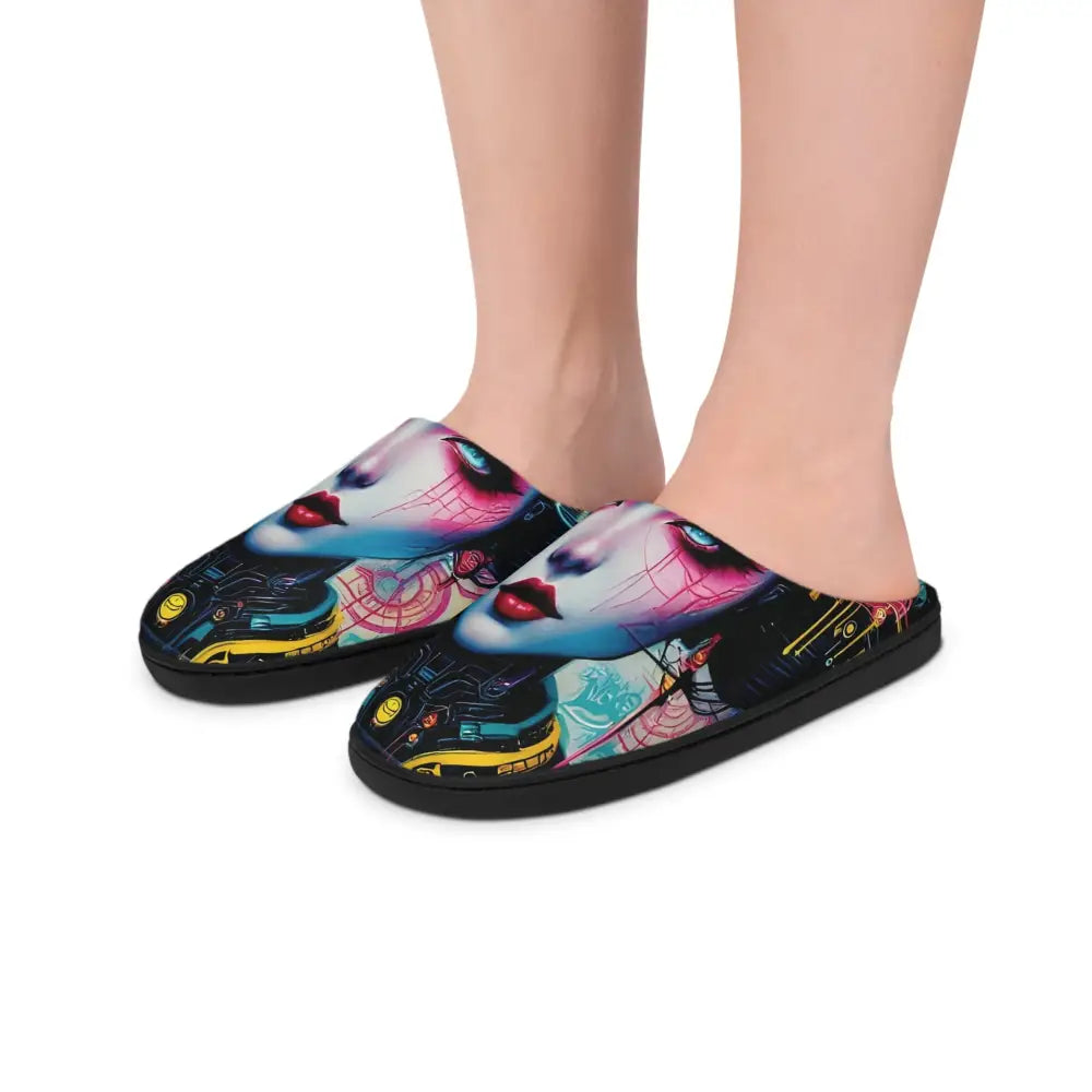 Artistic face-printed women indoor slippers from Mech Shrine Geisha collection by PixiOnyx