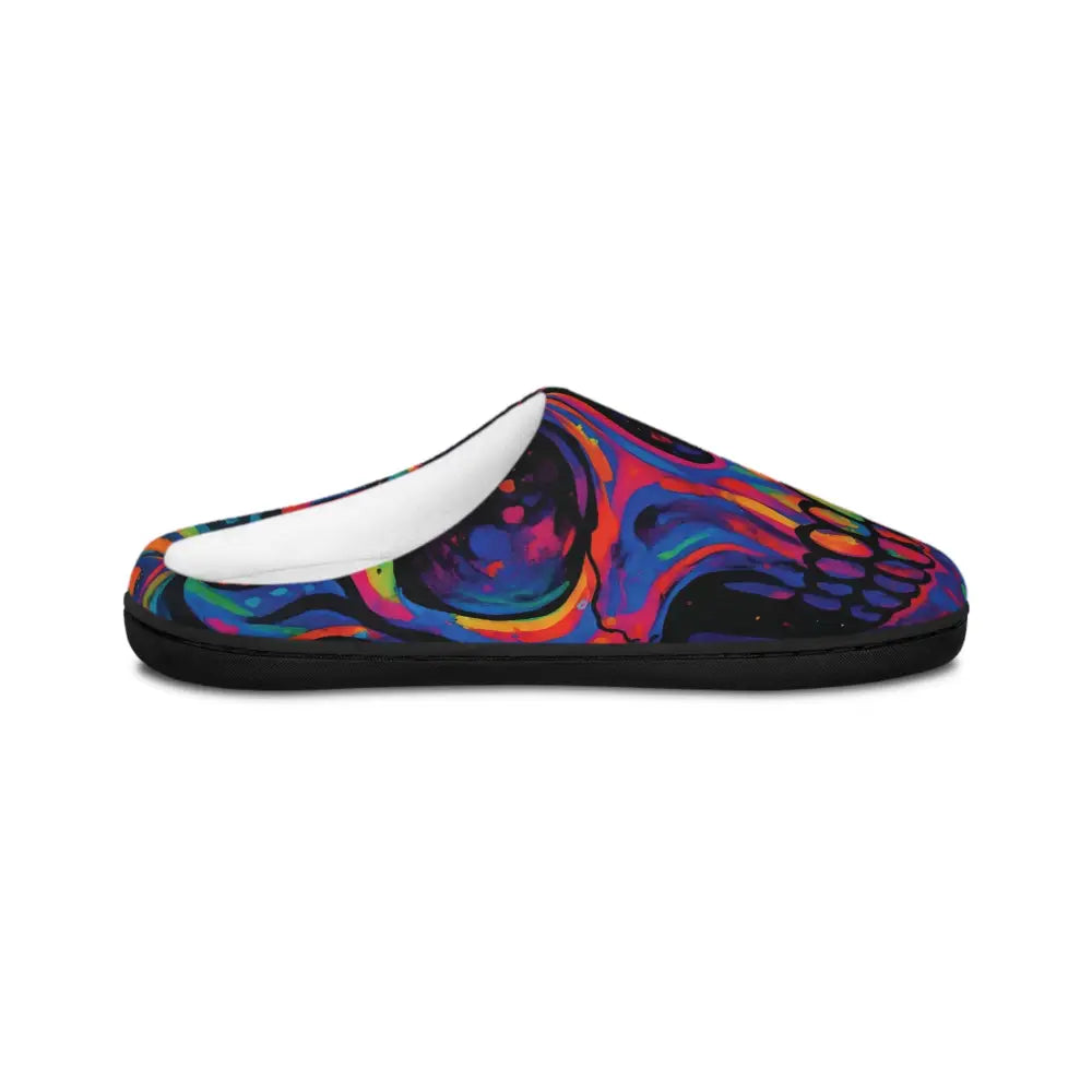 Colorful psychedelic skull design women’s indoor slippers Neon Skeleton Art Comfort PixiOnyx