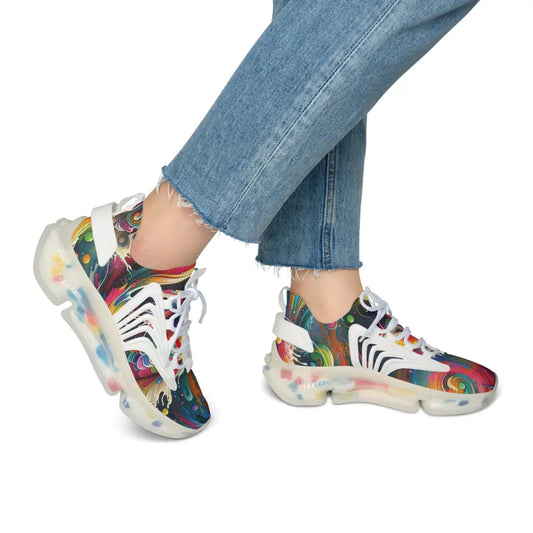 Colorful patterned sneakers from PixiOnyx Psychedelic Footwear Women’s Mesh Sneakers Rainbow Koi Spiral
