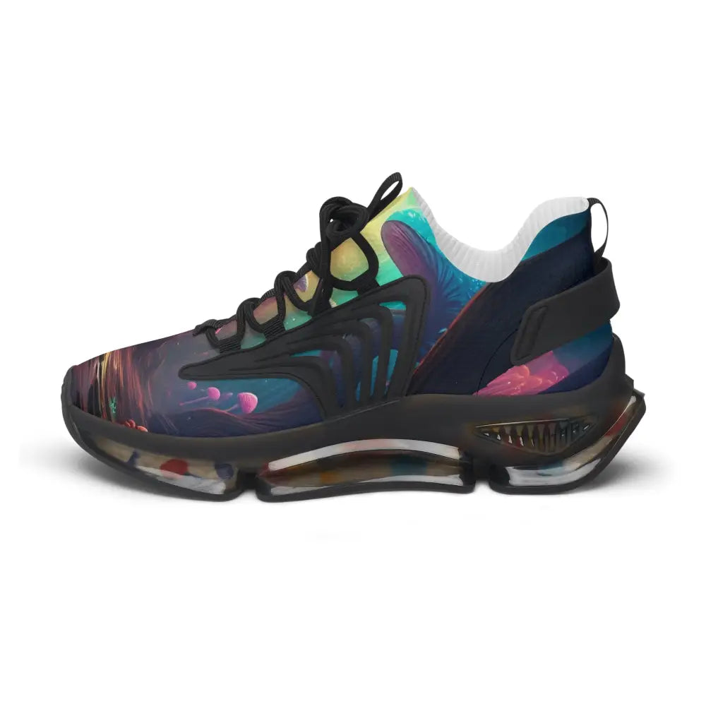 Colorful athletic shoe with clear sole from PixiOnyx Surreal Streetwear Women’s Mesh Sneakers Shroom Bloom