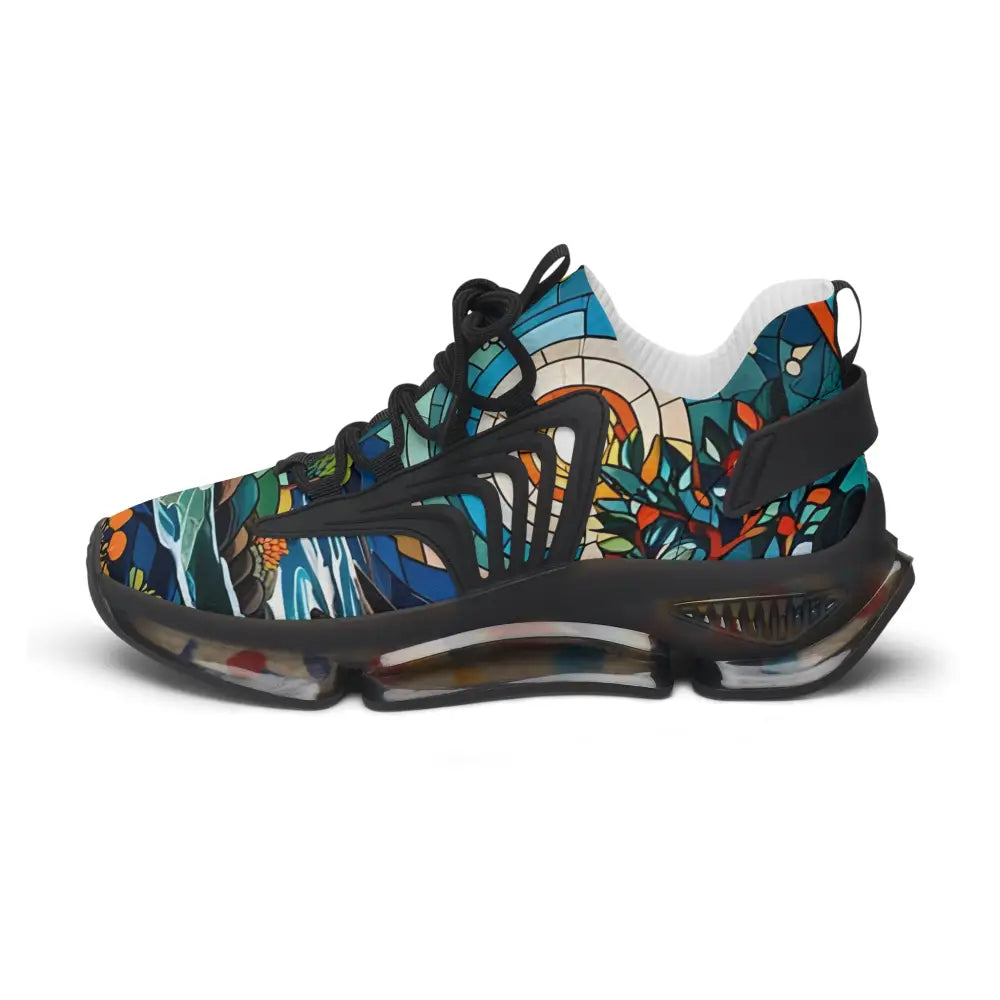 Stained-glass-patterned athletic shoe from Women’s Mesh Sneakers Stained Horizon PixiOnyx Chromatic Streetwear