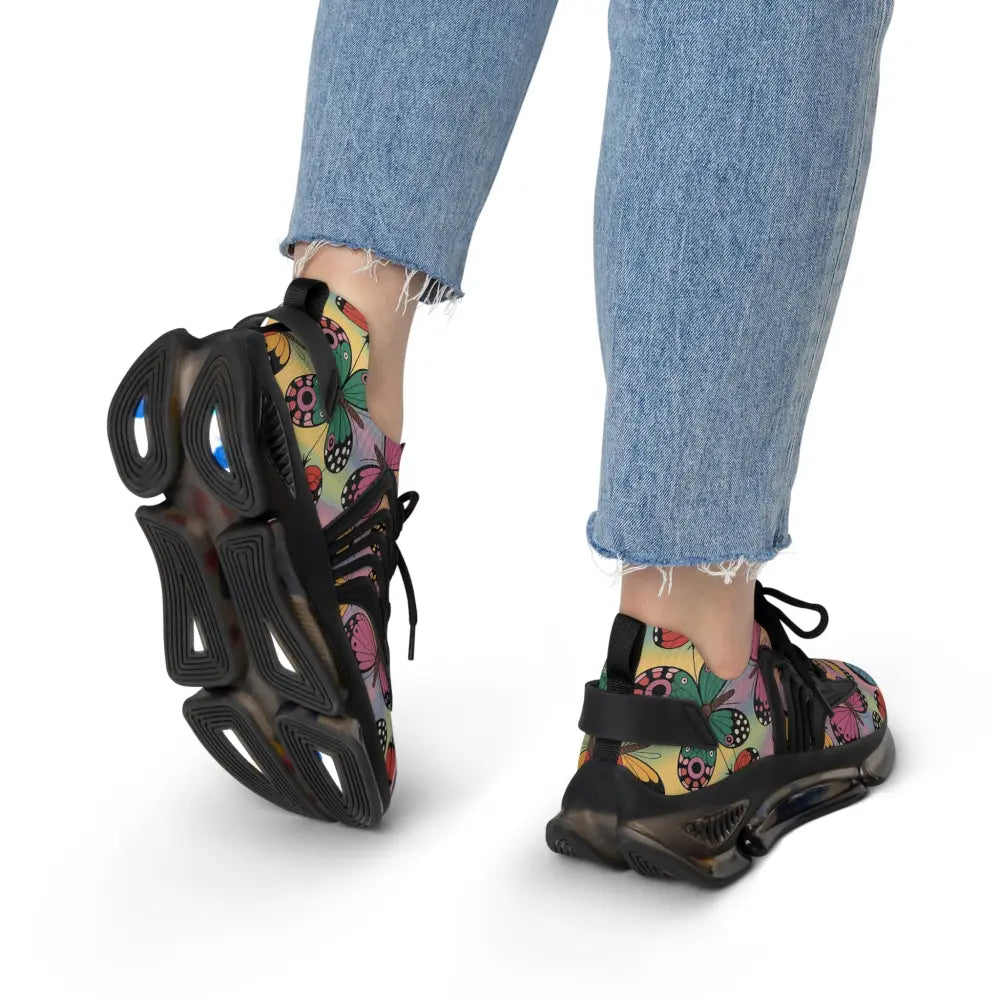 Kaleidoscope Flight sneakers by PixiOnyx Vibrant Athletic with multicolored butterfly print
