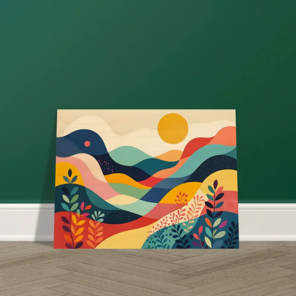 Colorful abstract landscape painting on wooden print for PixiOnyx Dreamscape Warmth