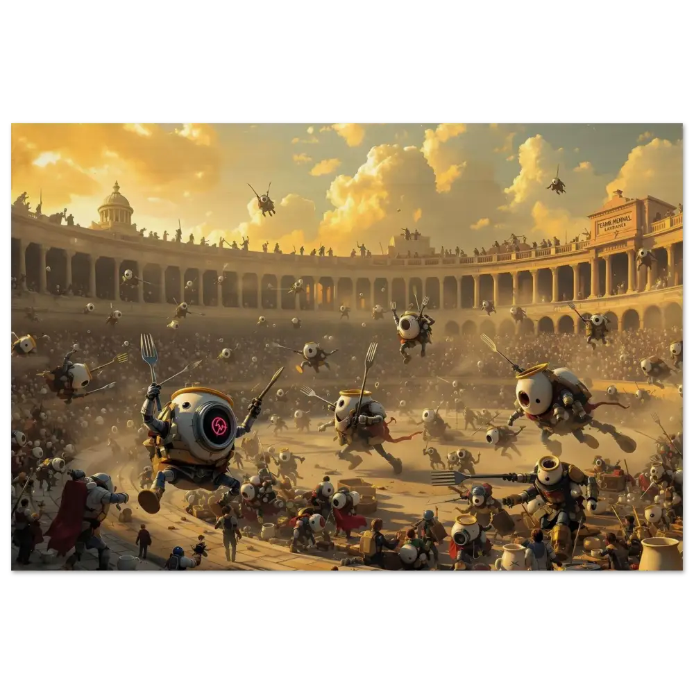 Robotic gladiatorial combat depicted on PixiOnyx Rustic Riot Edition Wood Print