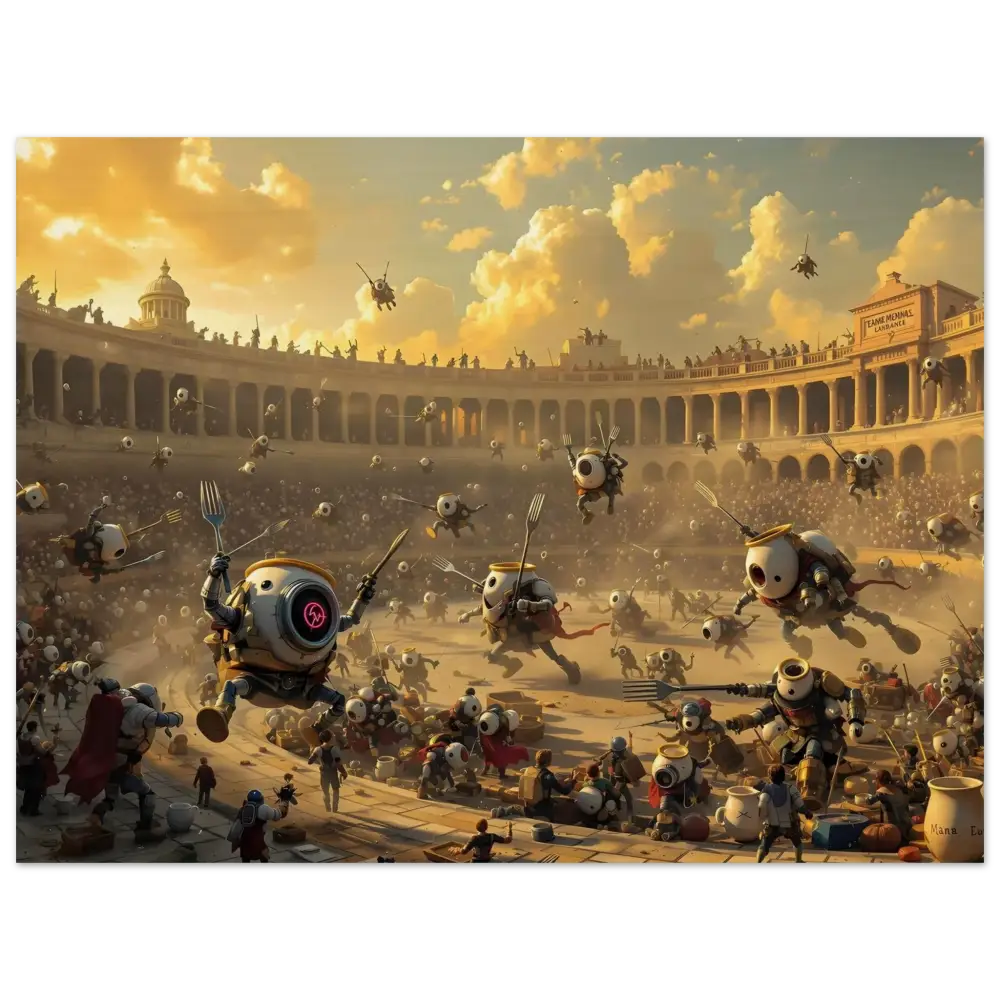 Robotic food fight scene from Wood Print Battle of the Breakfast Bots PixiOnyx Rustic Riot Edition