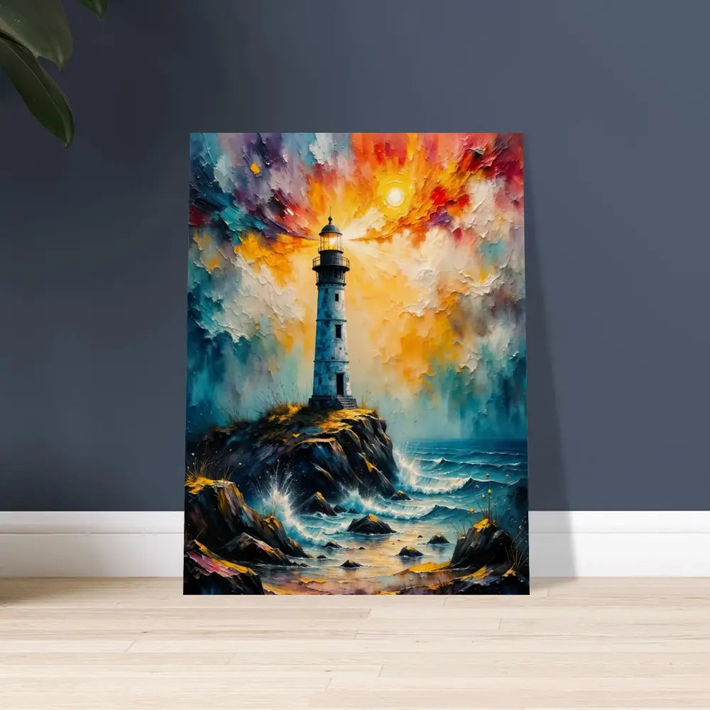 Vibrant lighthouse painting on sustainably sourced plywood with visible natural grain in a natural grain matte finish