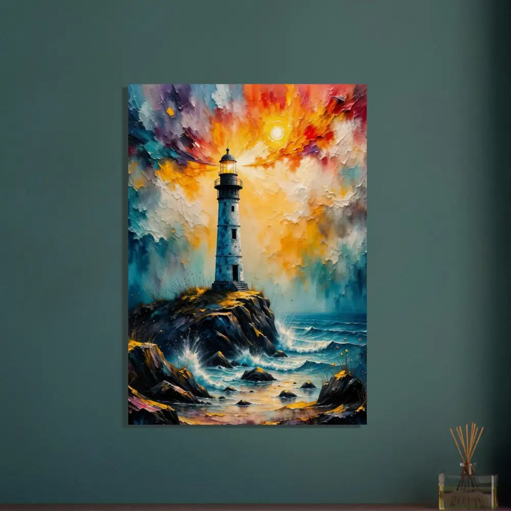 Vibrant impressionistic lighthouse painting on sustainably sourced plywood with visible natural grain