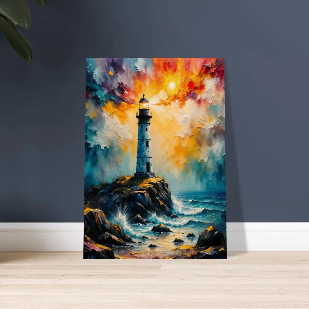 Vibrantly painted lighthouse on rocky coast with dramatic sky on natural grain matte plywood