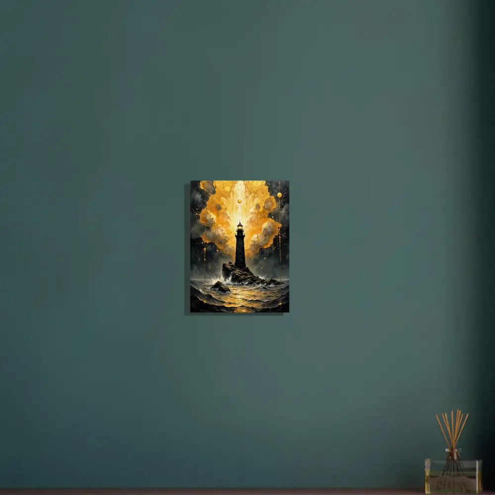 Handcrafted wood print of a lighthouse with golden light symbolizing nature meets mysticism