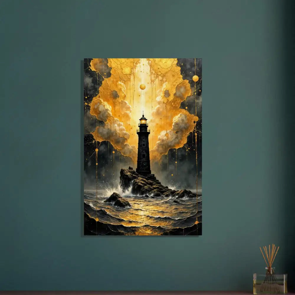 Handcrafted wood print of lighthouse on rocky island in stormy seas with golden sky
