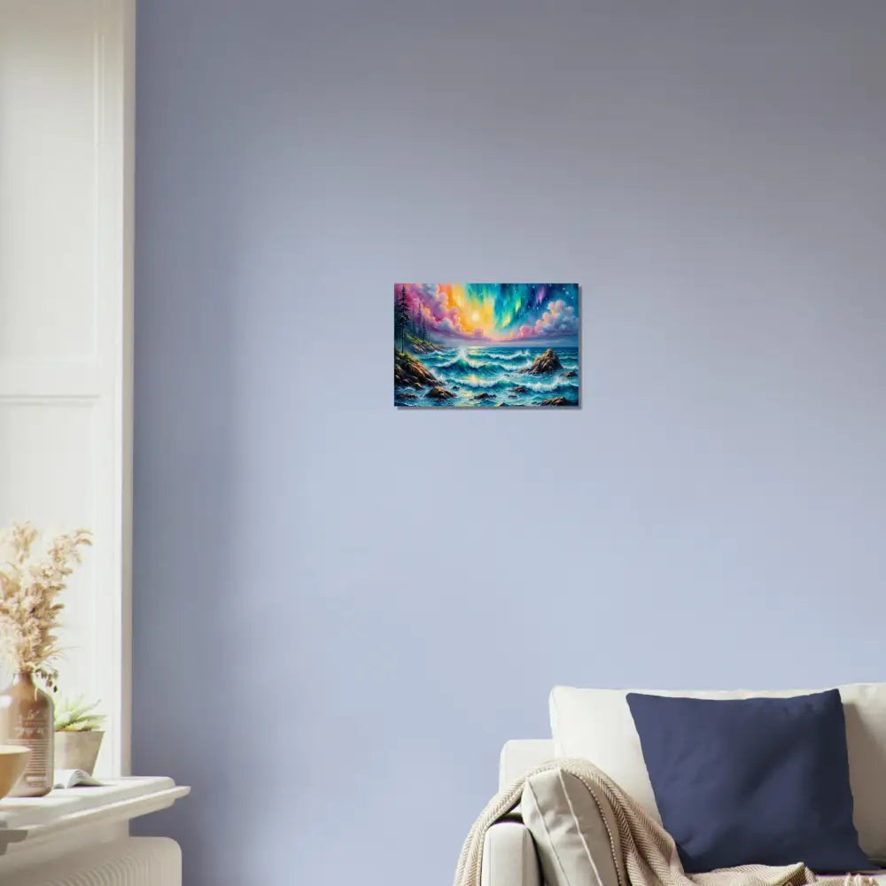 Celestial Tide wood print depicting a vibrant stormy ocean with rainbow sky by PixiOnyx