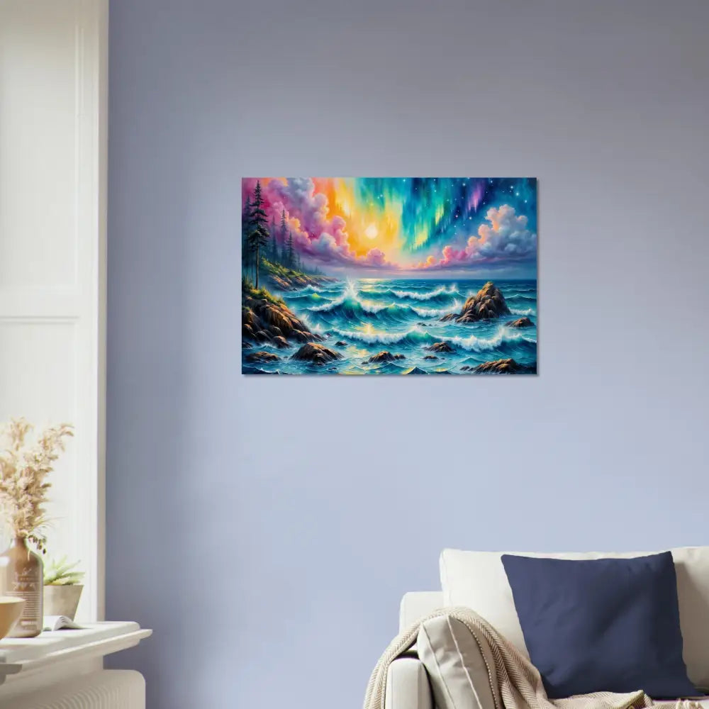 Celestial Tide wood print showcasing a colorful aurora over a rocky, wavy coastline
