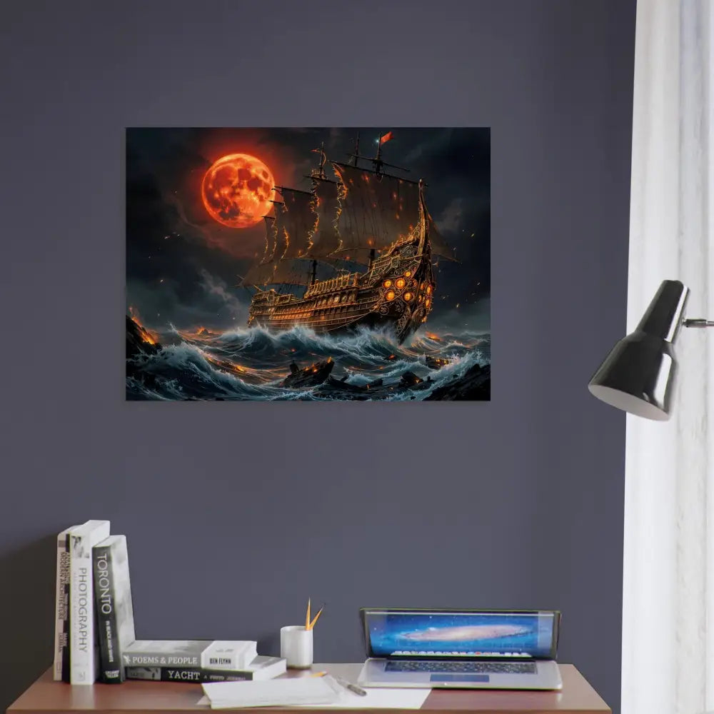 Wood print of Blood Moon Armada featuring a pirate ship on rough seas under a blood moon