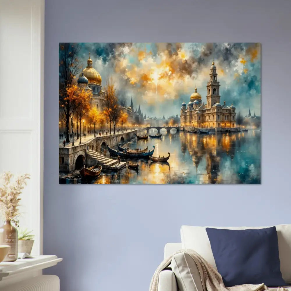 Wood print of an impressionistic European cityscape with river bridges ornate buildings under a dramatic sky organic texture meets celestial