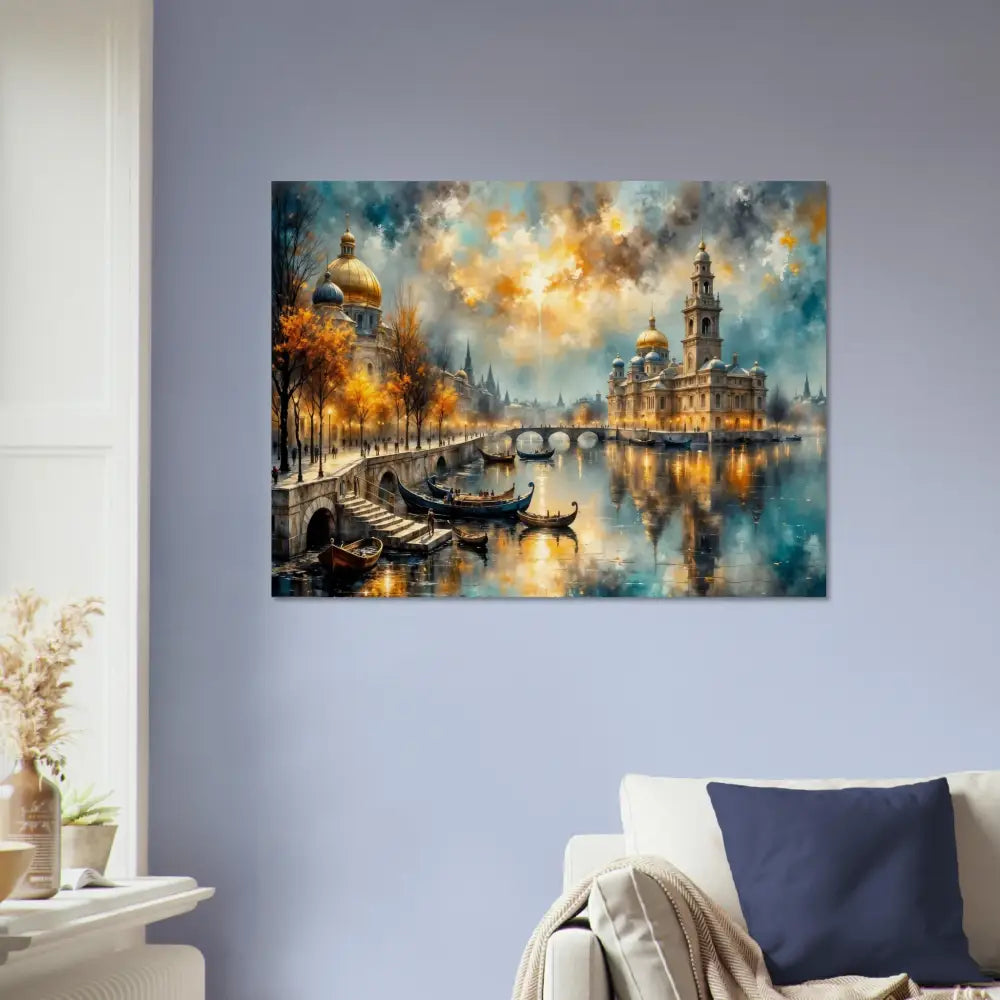 Vibrant impressionistic wood print of European city by river at sunset with organic texture meets celestial