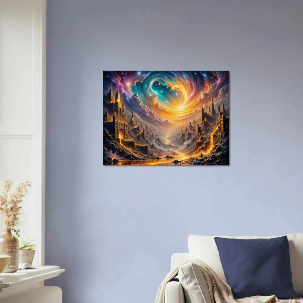 PixiOnyx Natural Fantasy wood print of Eclipsed Citadel with celestial vortex over glowing spires