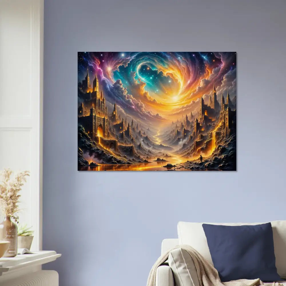 Vibrant celestial city painting of the eclipsed citadel for PixiOnyx Natural Fantasy Glow wood print