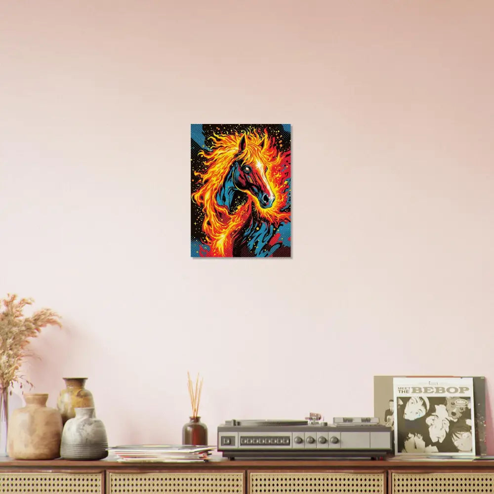 Vibrant fiery surreal stallion canvas print on PixiOnyx Natural Display for Equinox Ablaze etched