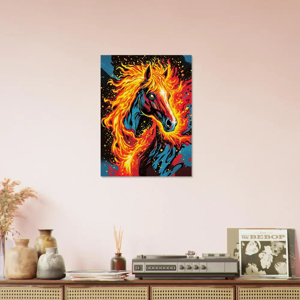 Fiery surreal stallion canvas print in PixiOnyx Natural Display for Equinox Ablaze Etched decor