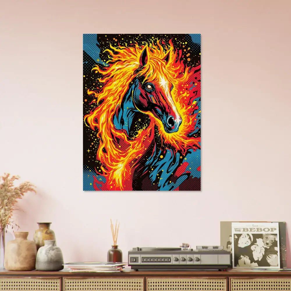 Vibrant pop art canvas of a fiery surreal stallion for PixiOnyx Natural Display Equinox Ablaze Etched