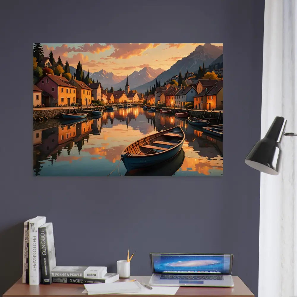 Framed landscape painting from the Wood Print Evening Glow on the Water PixiOnyx Rustic Reflection Series