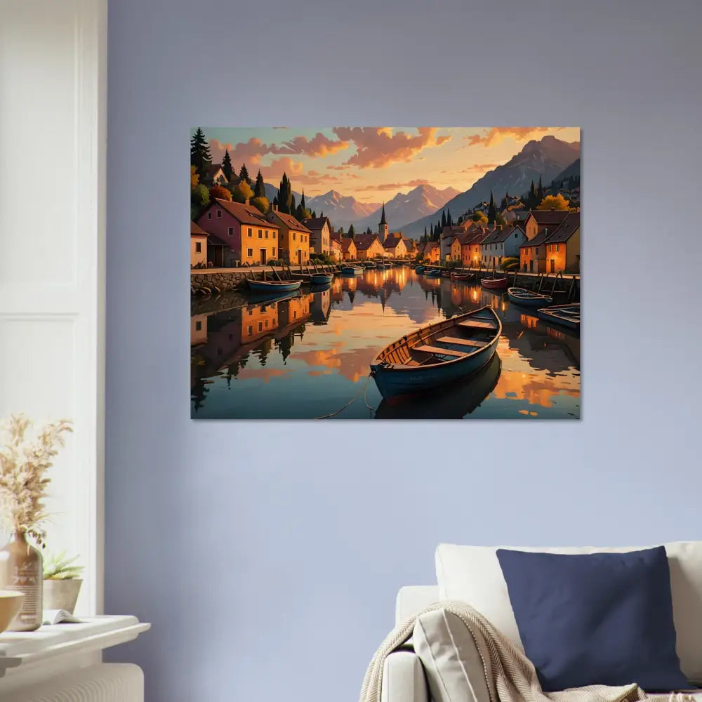 Rustic Reflection Series Wood Print of a picturesque village canal painting