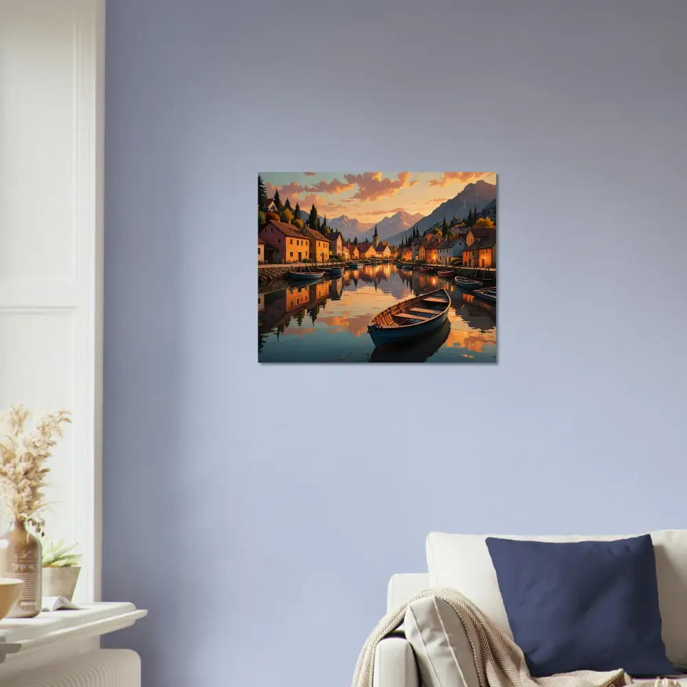 Picturesque lakeside village painting on Wood Print Evening Glow on the Water PixiOnyx series