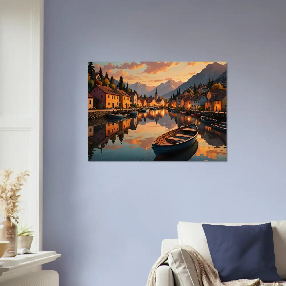 Picturesque waterside village painting on Wood Print Evening Glow on the Water PixiOnyx Rustic Reflection Series