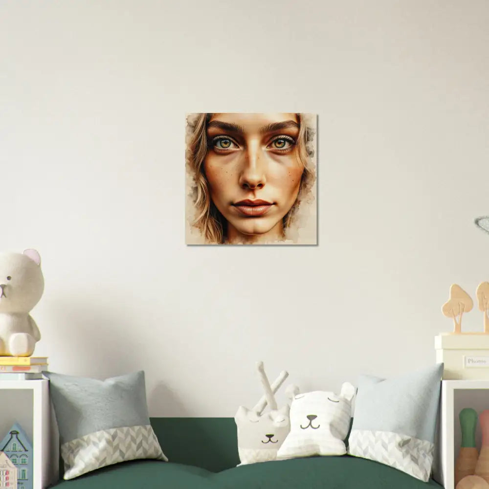 Wood Print Freckled Focus featuring an intense portrait blends human intimacy with green-eyed beauty
