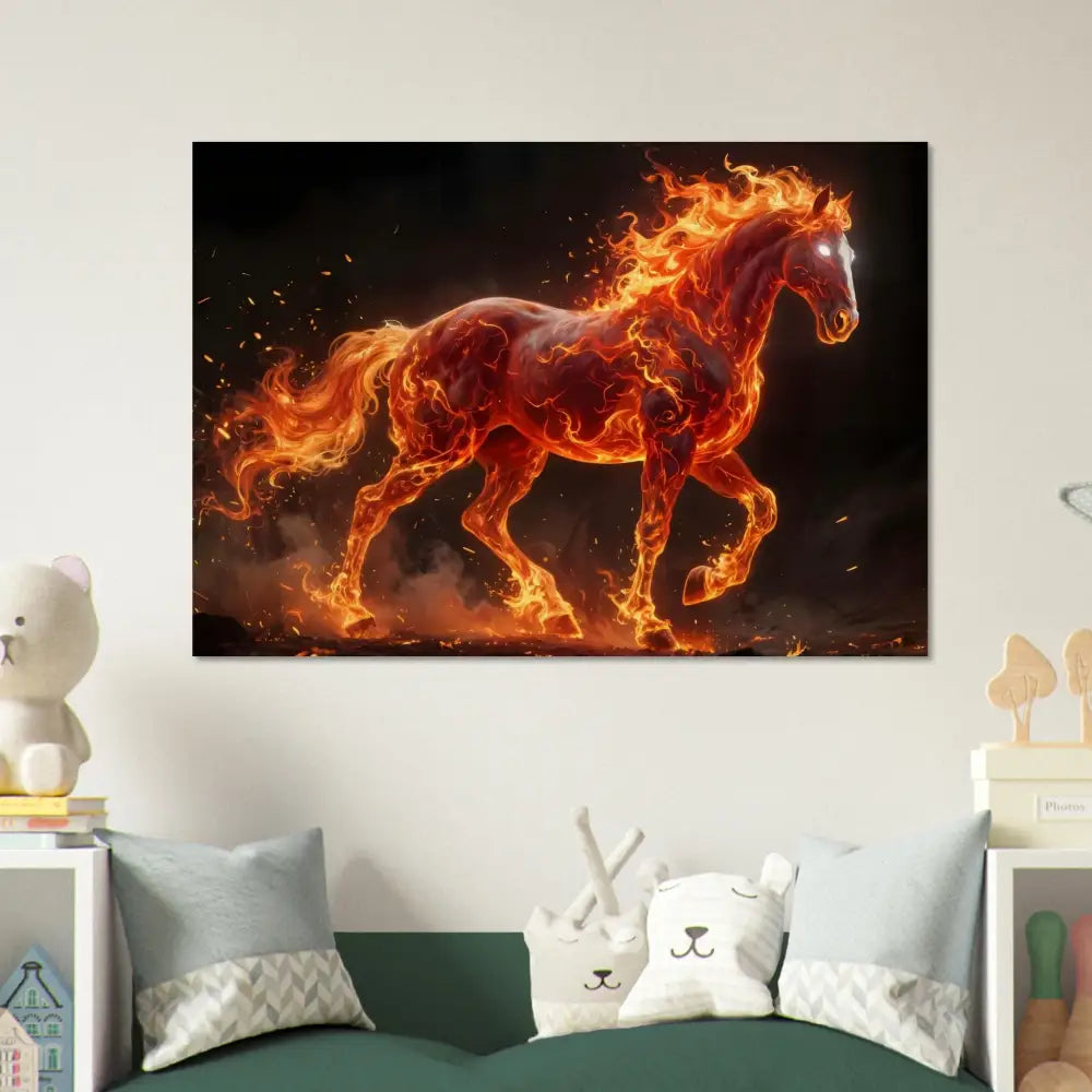 Inferno Stallion canvas print on sustainable birch wood showcasing a fiery horse with glowing eyes