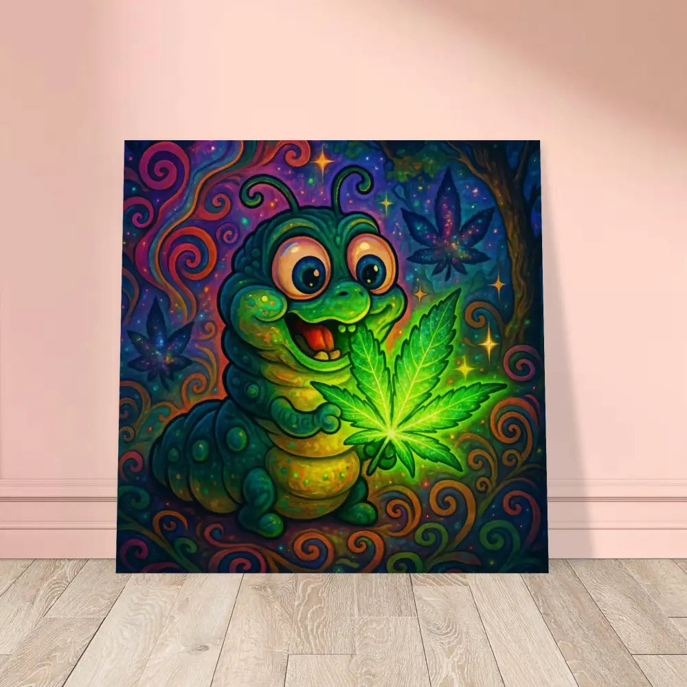 Cartoon caterpillar holding a cannabis leaf on natural wood wall art by PixiOnyx