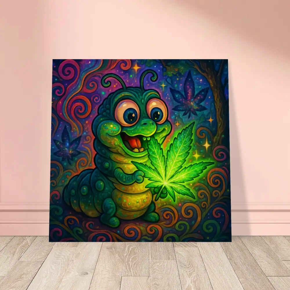 Cartoon caterpillar holding a marijuana leaf on Wood Print Leaf Me Alone Wall Art by PixiOnyx