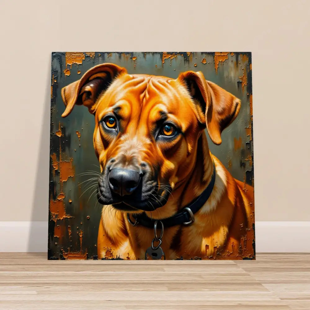 Vibrant illustration of a brown dog with a black collar showcasing loyal gaze on natural wood meets PixiOnyx Natural Fidelity Edition