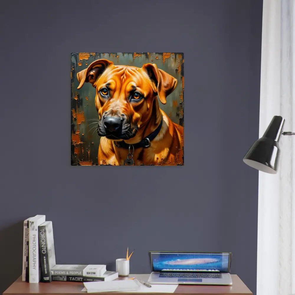 Painting of a brown dog with a black collar showcasing loyal gaze on PixiOnyx Natural Fidelity Edition wood print