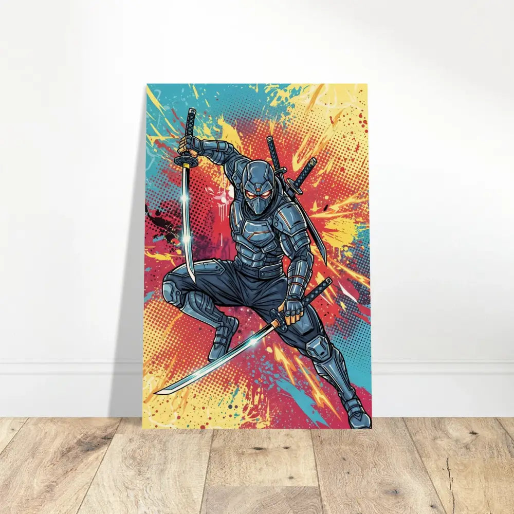 Vibrant comic-style Wood Print of a fierce ninja leaps with katanas on warm wood grain, PixiOnyx Pop Samurai Series