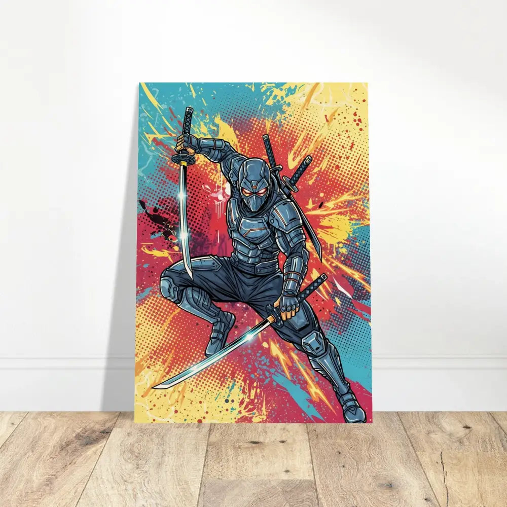 Vibrant Wood Print of Fierce Ninja Leaps with glowing katanas, warm wood grain PixiOnyx Pop Samurai