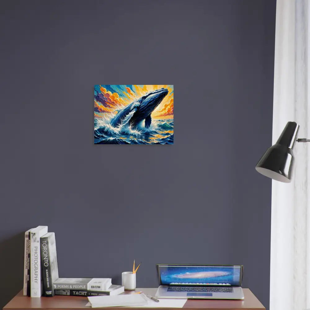Wood print of a whale breaching in a colorful ocean sunset, capturing flowing sea meets natural beauty