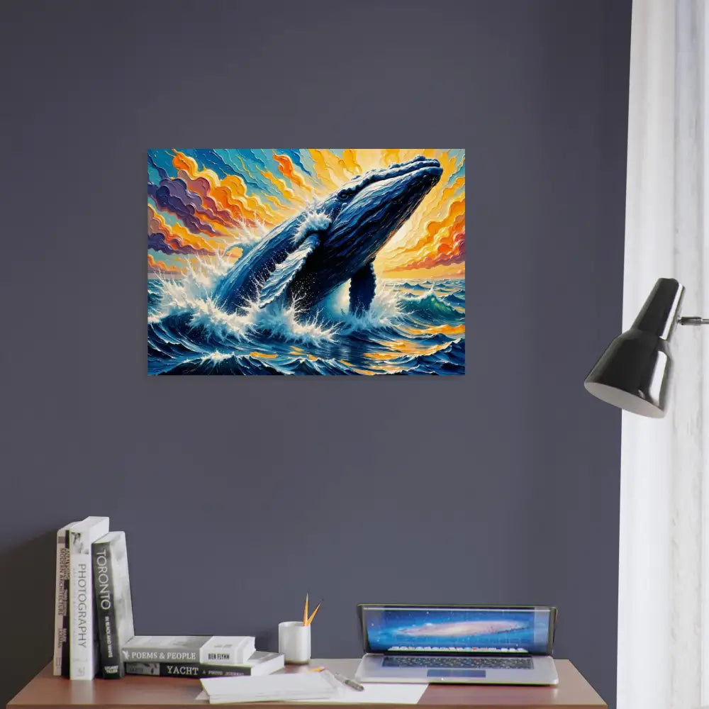 Wood print of a vibrant whale breaching in a colorful flowing sea meets natural stormy ocean