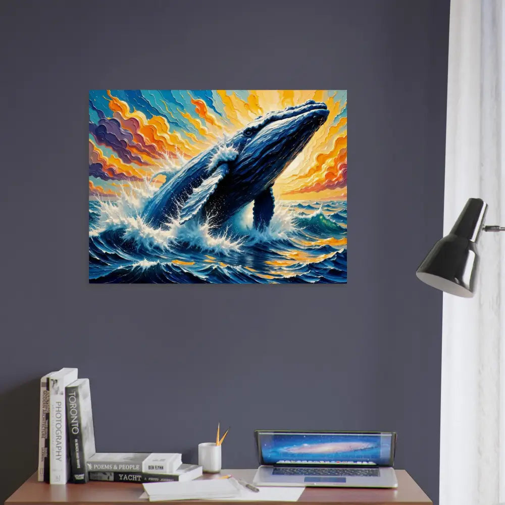 Vibrant oil painting wood print of a whale breaching in a stormy sea meets natural sky