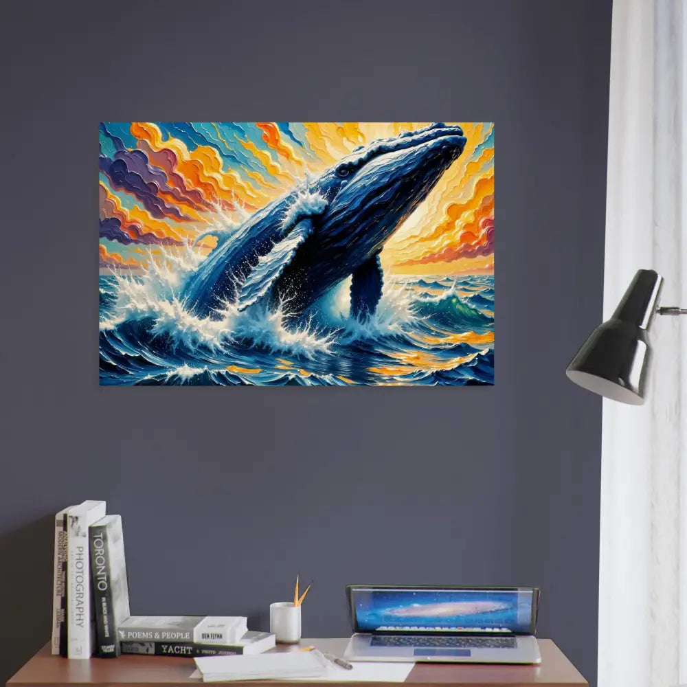 Wood Print Ocean King featuring vibrant whale breaching as flowing sea meets natural art
