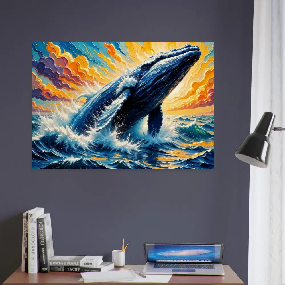 Vibrant oil painting wood print of a whale breaching as flowing sea meets natural ocean sunset