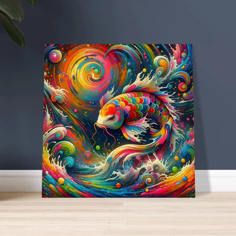Colorful koi fish painting on a wood print titled Rainbow Koi by PixiOnyx Organic Flow