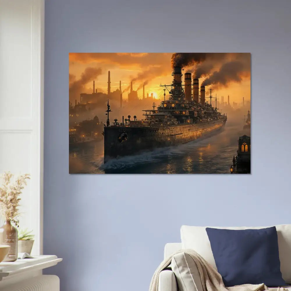Captivating steampunk battleship Steel Leviathan meets wood in PixiOnyx Burntgrain Relic print at sunset